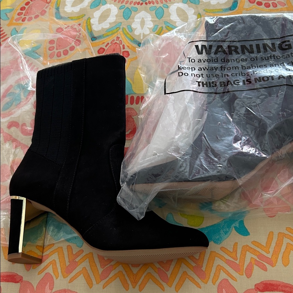 Black Suede Ankle Boots with Gold Heel